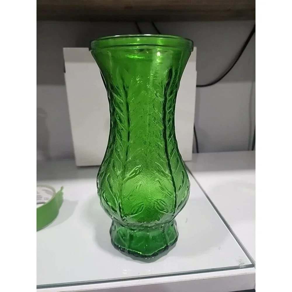 FTD Emerald Green Glass Flower Vase 10” Decorative Leaf Design Vintage 1976